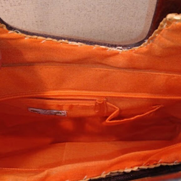 Sun N' Sand Multi-Color Orange Wicker Basket Bag with Brown Wood Handles - Picture 4 of 11